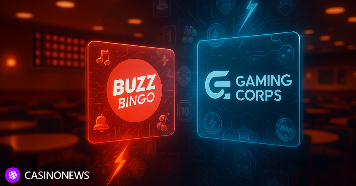 Buzz Bingo and Gaming Corps logos displayed as glowing digital tiles inside a bingo hall, symbolizing the new UK gaming content partnership.