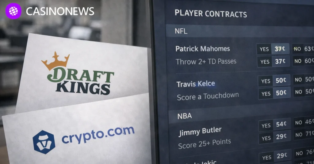 DraftKings and Crypto.com logos on papers beside a monitor showing NFL and NBA player contract markets in a blurred office setting.