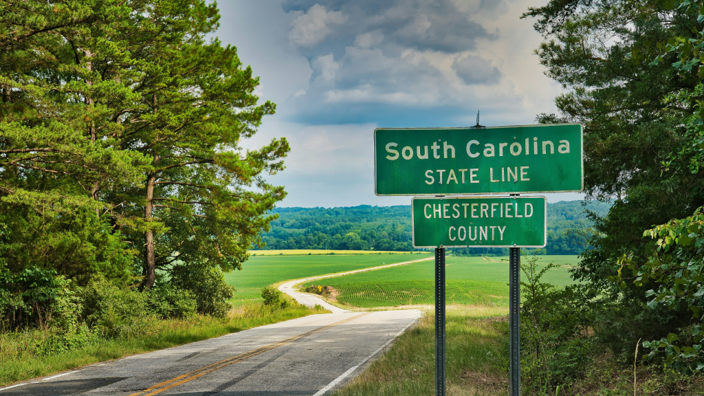 South Carolina state line road sign beside a rural road and open countryside.