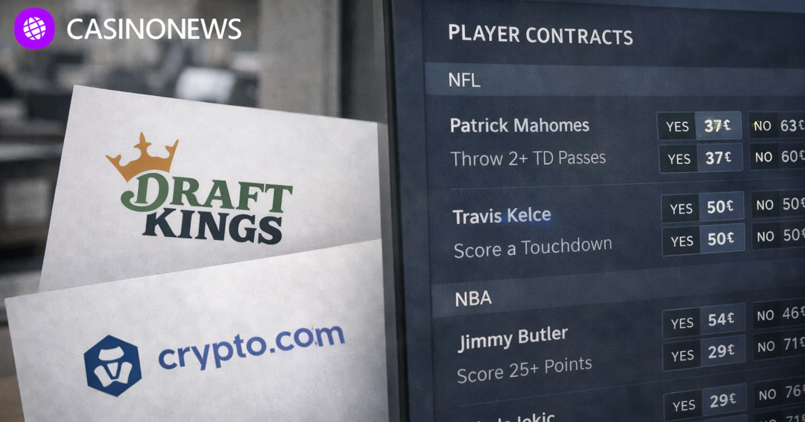 DraftKings and Crypto.com logos on papers beside a monitor showing NFL and NBA player contract markets in a blurred office setting.