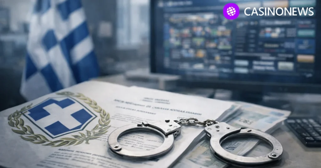 Handcuffs on Greek government documents with a blurred computer screen in the background.