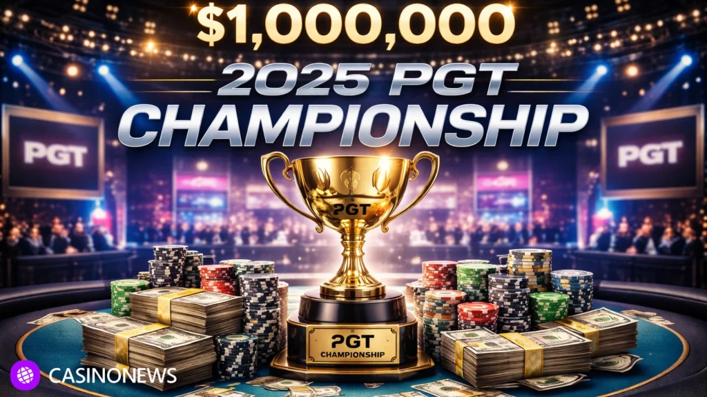 Poker trophy, chips, and cash on table representing the 2025 PGT Championship