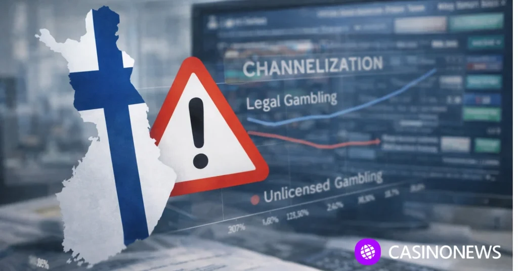 Finland map graphic beside a warning symbol over a blurred screen and chart labeled channelization.