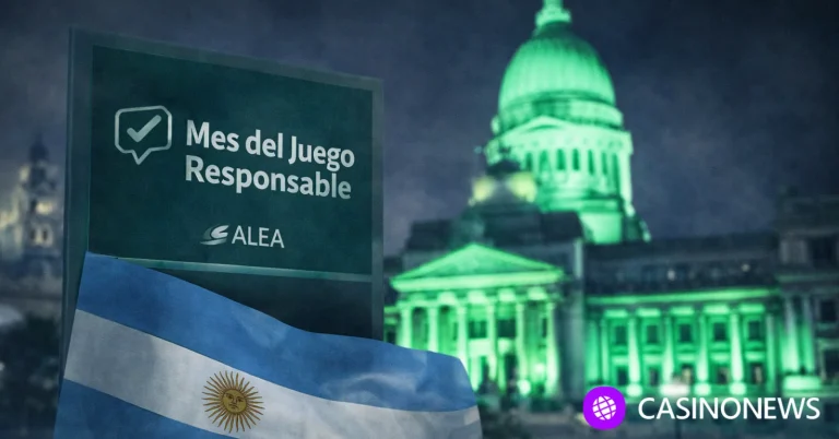 Green-lit Argentine government building with a sign reading “Mes del Juego Responsable” and an Argentine flag.