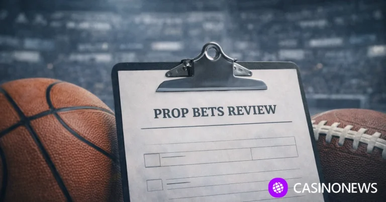 Clipboard labeled “Prop bets review” between a basketball and a football with a blurred stadium background.