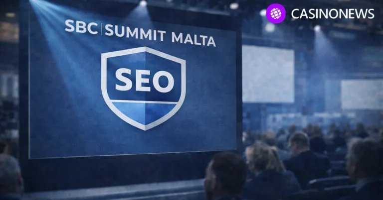 Conference screen reading “SBC Summit Malta” with an SEO shield graphic in a blue-lit auditorium.