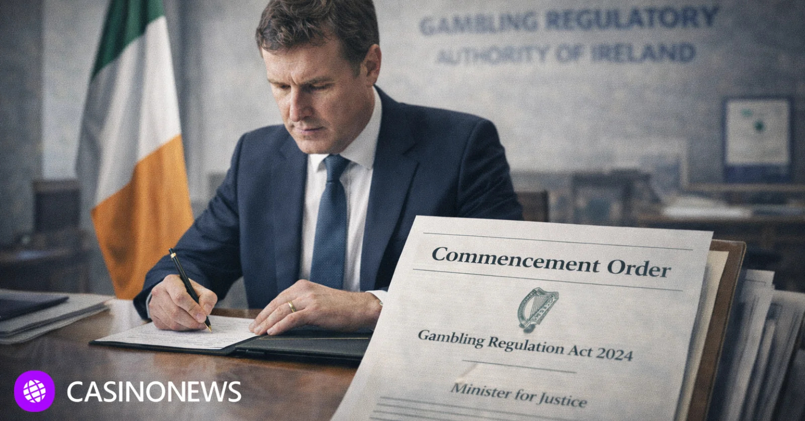 Irish minister signs a commencement order document in an office with an Irish flag in the background.