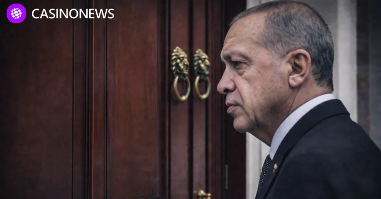 Turkish president stands in profile beside large wooden double doors with brass knockers.