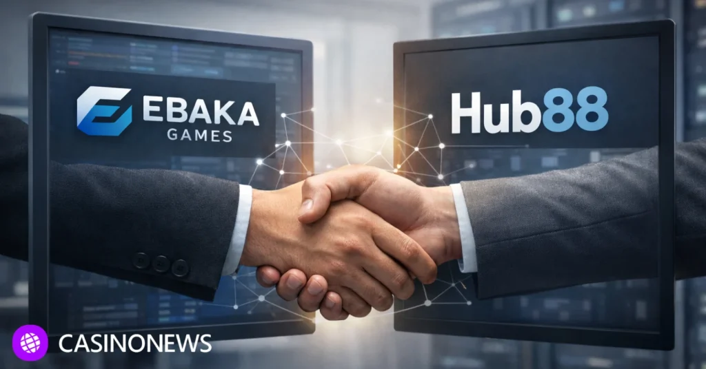 Ebaka Games and Hub88 logos on monitors during partnership handshake