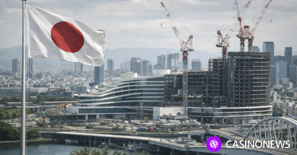 Japanese flag in foreground with Osaka resort construction cranes