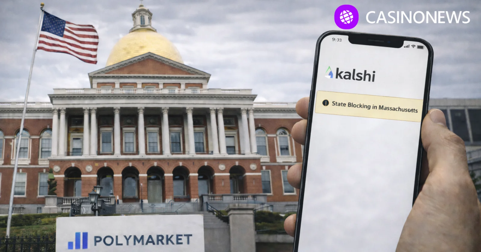 Massachusetts State House with Kalshi state blocking notice on phone