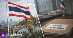 Diagonal split image of Thai flag at Grand Palace and casino legislation file