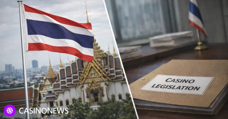 Diagonal split image of Thai flag at Grand Palace and casino legislation file