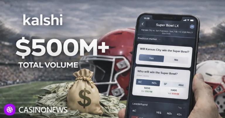 Kalshi Super Bowl prediction market screen with $500M total volume