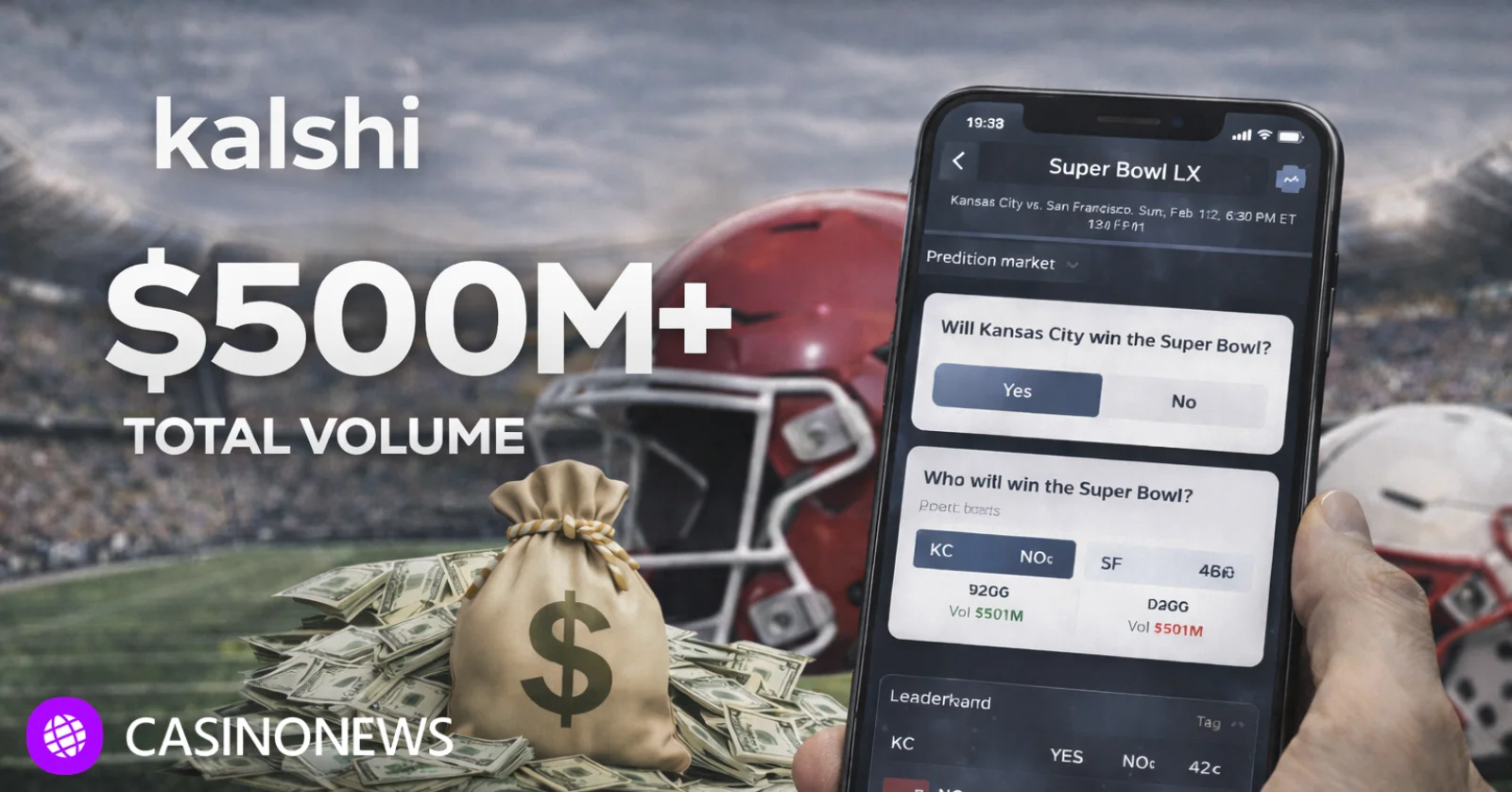 Kalshi Super Bowl prediction market screen with $500M total volume