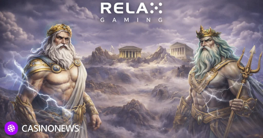 Zeus and Poseidon over a cloudy Olympus landscape with Relax Gaming logo