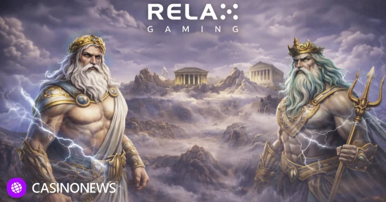 Zeus and Poseidon over a cloudy Olympus landscape with Relax Gaming logo