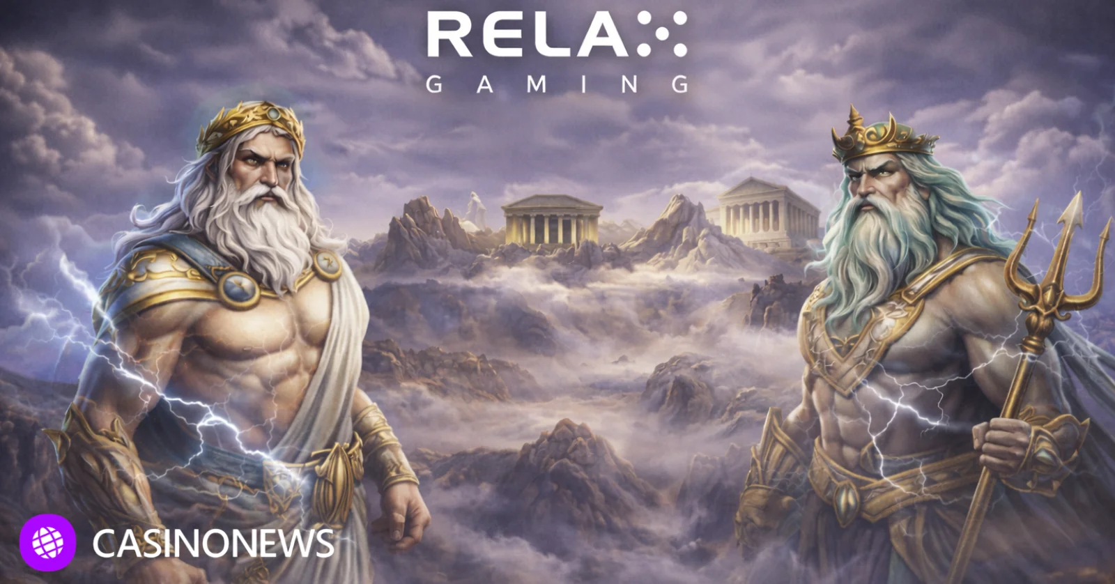 Zeus and Poseidon over a cloudy Olympus landscape with Relax Gaming logo