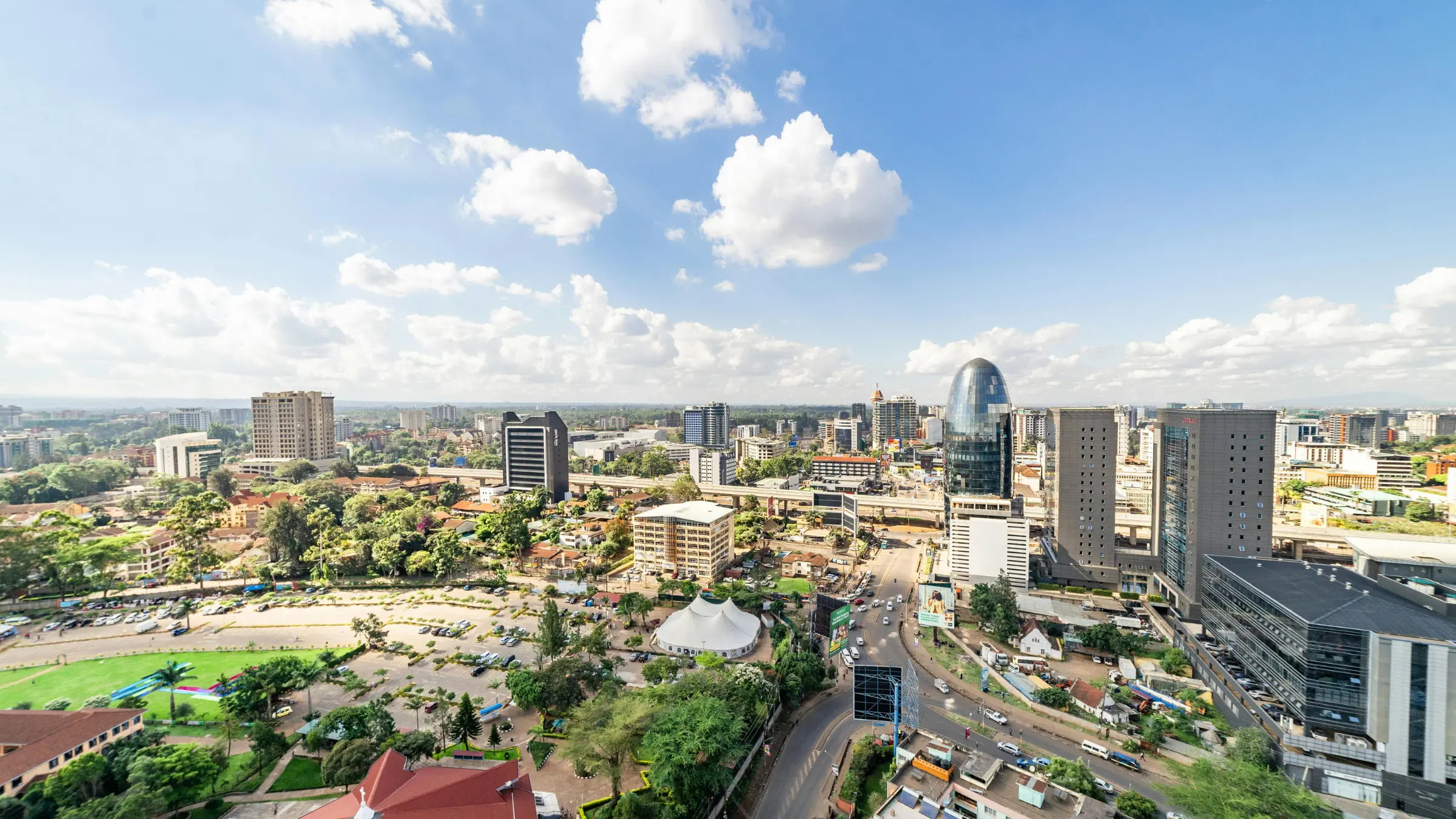 Aerial view of Nairobi skyline highlighting Kenya’s growing economy and healthcare support initiatives