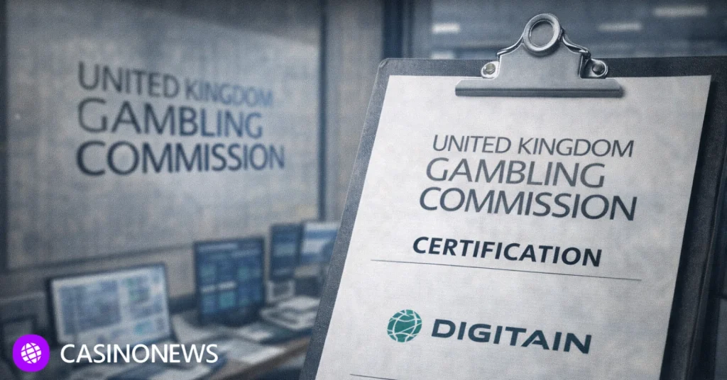 Document labeled UK Gambling Commission certification with Digitain logo in an office setting.