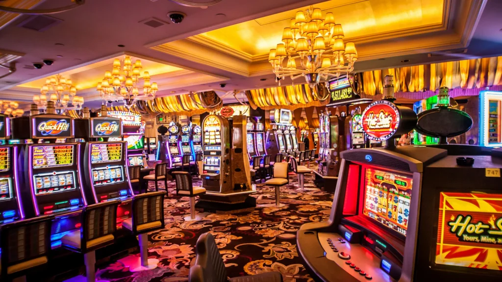 Bright casino floor with slot machines and gaming terminals under warm interior lighting.