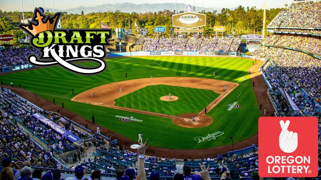 Baseball stadium packed with fans during a live game with DraftKings and Oregon Lottery logos overlaid.