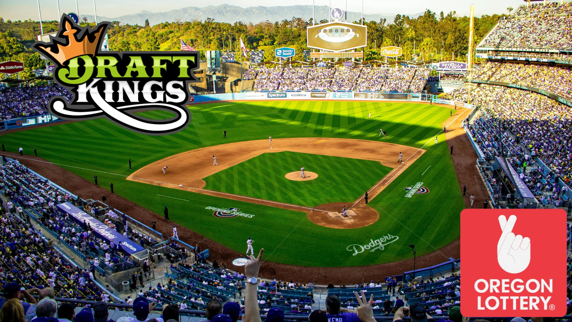 Baseball stadium packed with fans during a live game with DraftKings and Oregon Lottery logos overlaid.