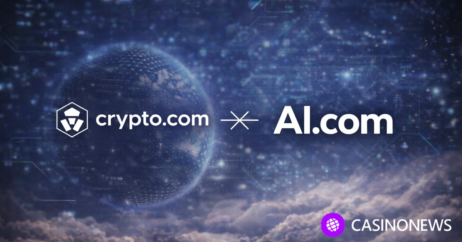 Crypto.com and AI.com logos linked by an X over digital globe