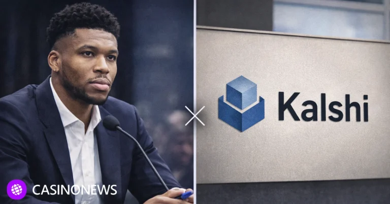 Giannis at a press table beside Kalshi branding in split layout