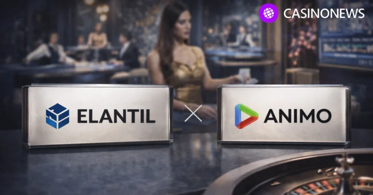 Elantil and Animo logos on desk with blurred live dealer studio