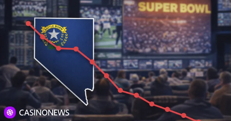 Nevada silhouette with downward chart over a Las Vegas sportsbook