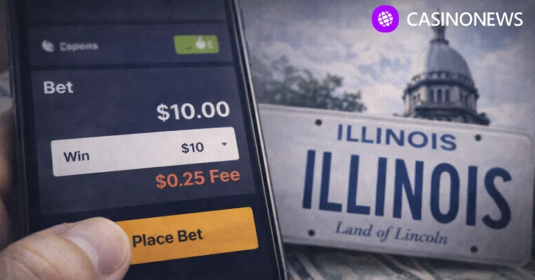 Sports betting app shows $0.25 fee with Illinois plate backdrop