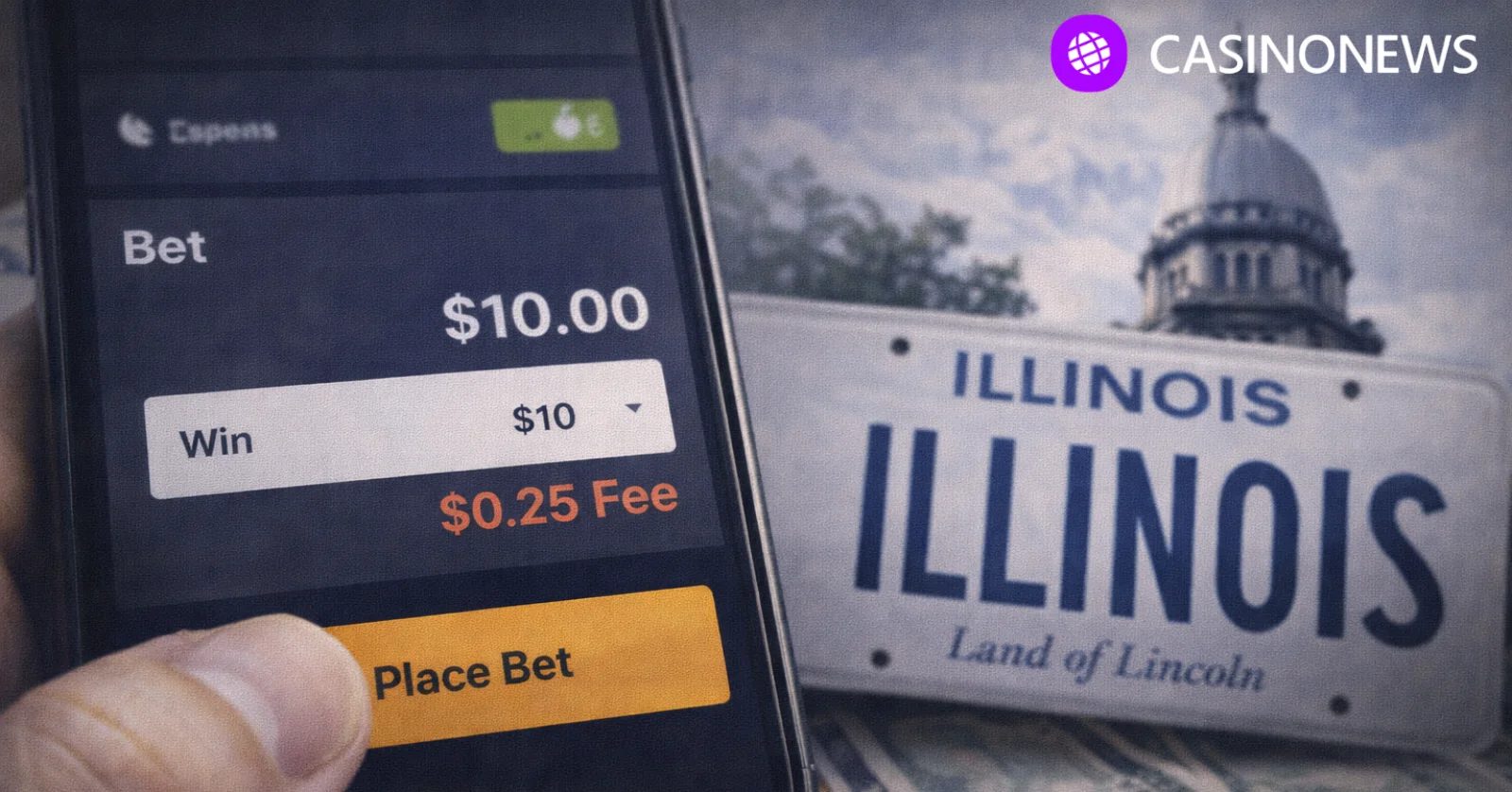 Sports betting app shows $0.25 fee with Illinois plate backdrop