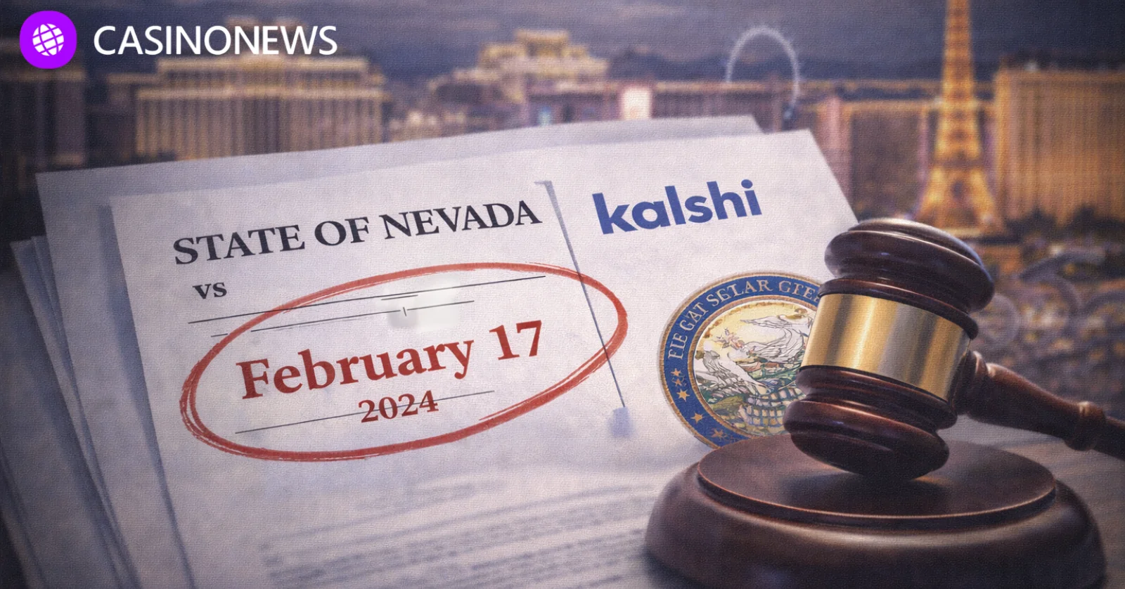 Court filing marked Feb. 17 with Kalshi name over Las Vegas backdrop