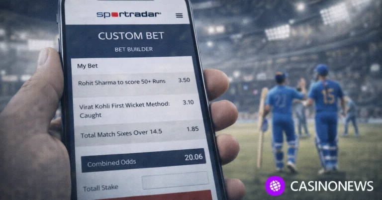 Hand holding a smartphone showing Sportradar Custom Bet bet builder with a blurred cricket stadium in the background.
