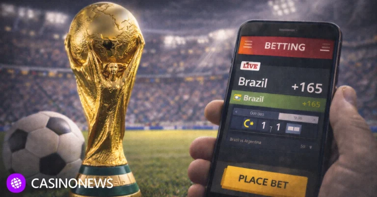World Cup trophy beside soccer ball and live betting app