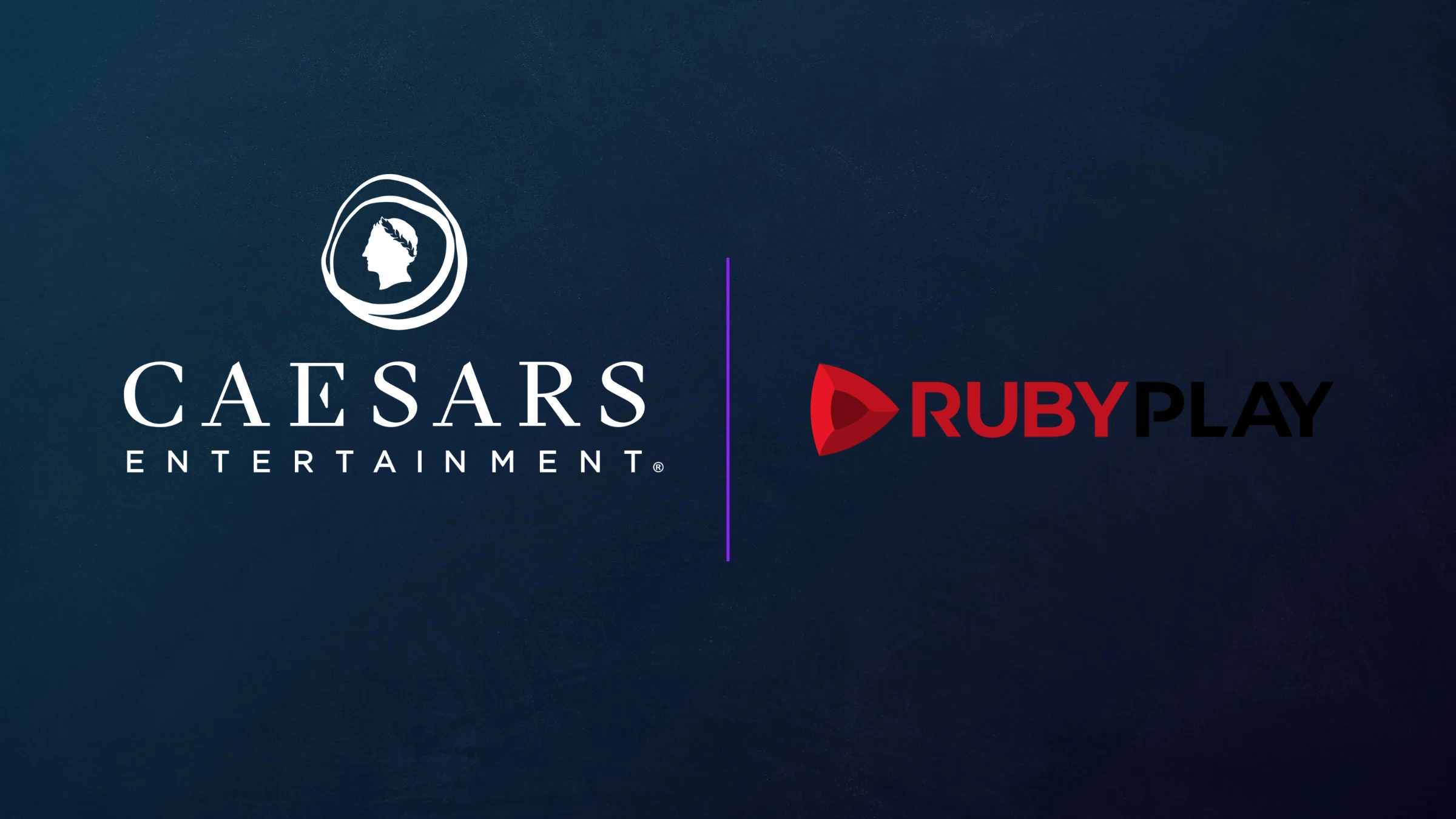 Caesars Entertainment and RubyPlay logos displayed side by side on a dark blue branded background.