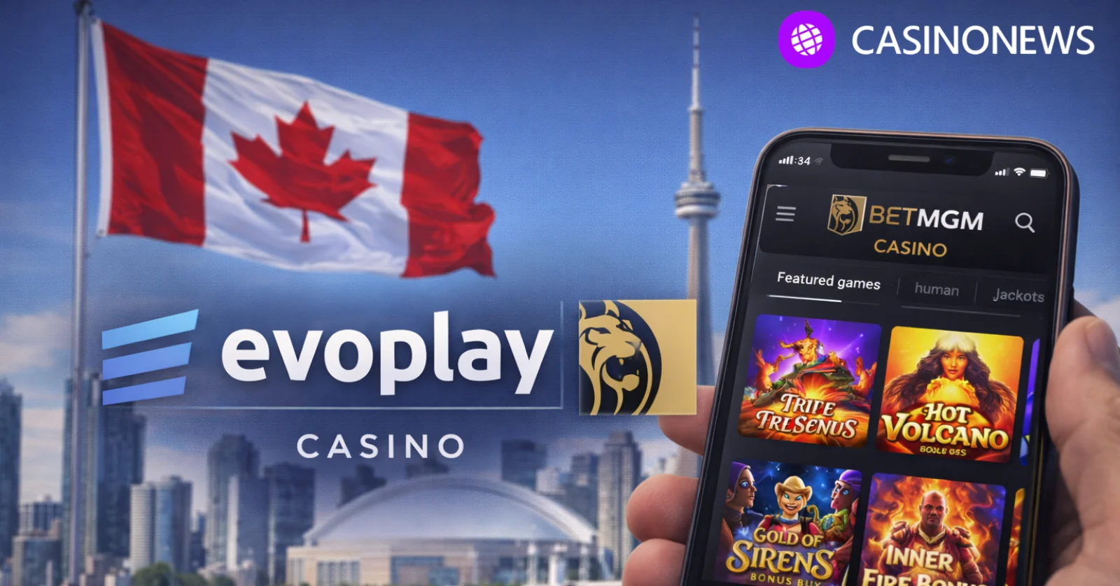 BetMGM Casino app showing Evoplay games with Toronto skyline