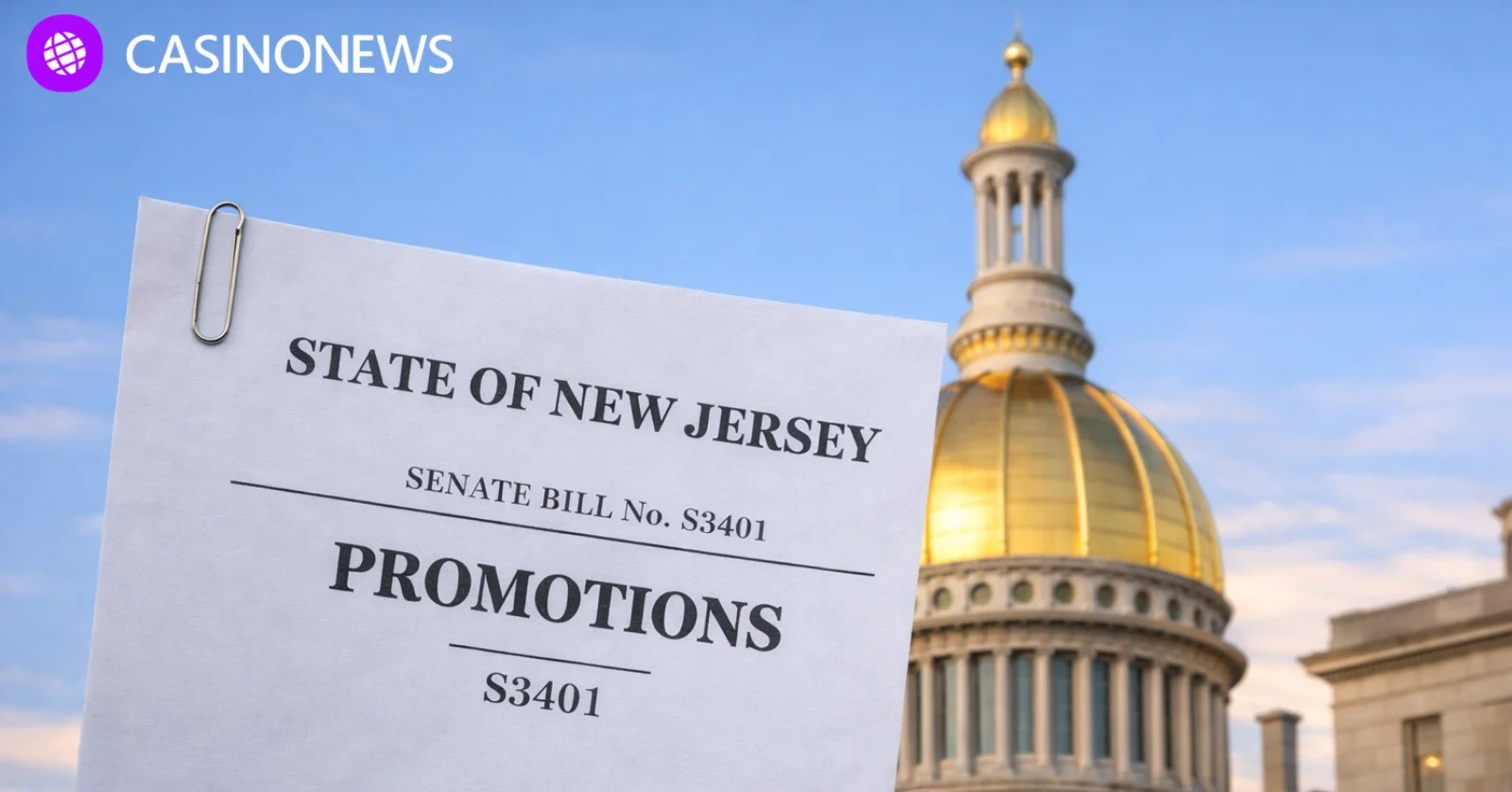 New Jersey Senate bill document in front of State House dome