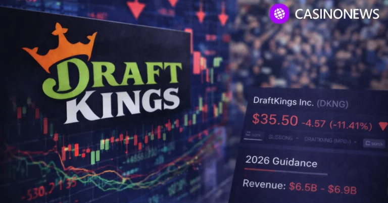 DraftKings logo beside falling DKNG stock chart and guidance screen
