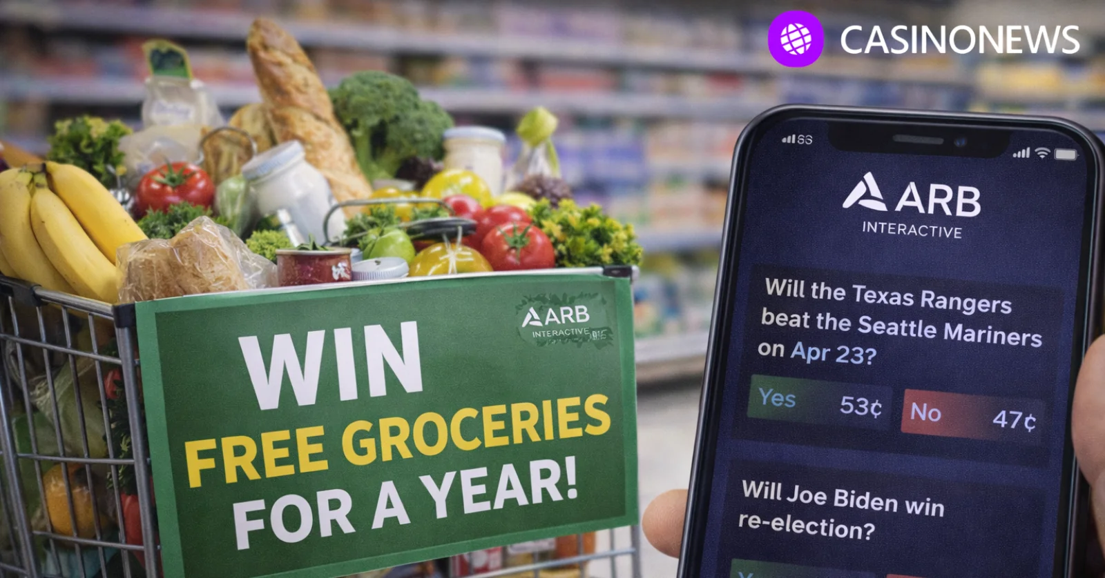 Grocery cart giveaway sign beside ARB Interactive prediction app screen