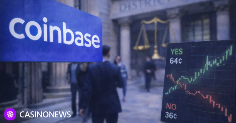 logo beside prediction market price chart near courthouse