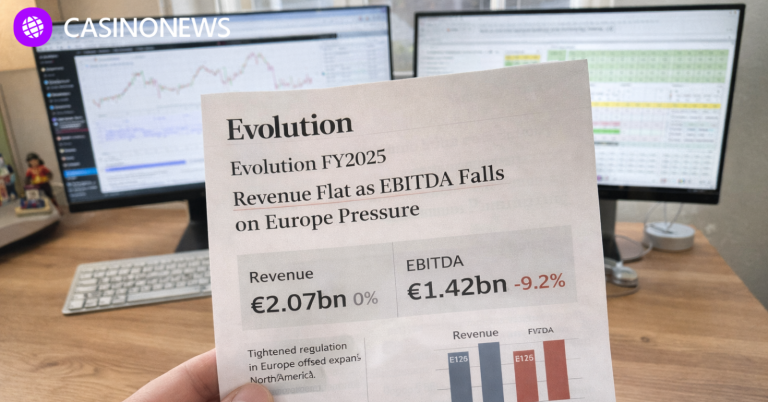 Evolution FY2025 financial report showing €2.07bn revenue and EBITDA down