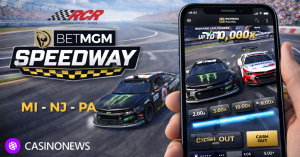 BetMGM Speedway racing game on smartphone with cars on track