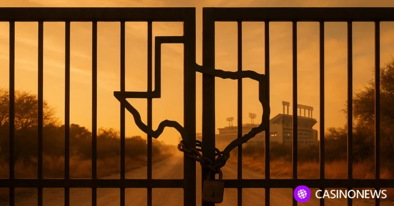 Locked iron gate with a Texas-shaped cutout blocking a dusty road leading toward a distant sports stadium at sunset, symbolizing stalled sports betting.
