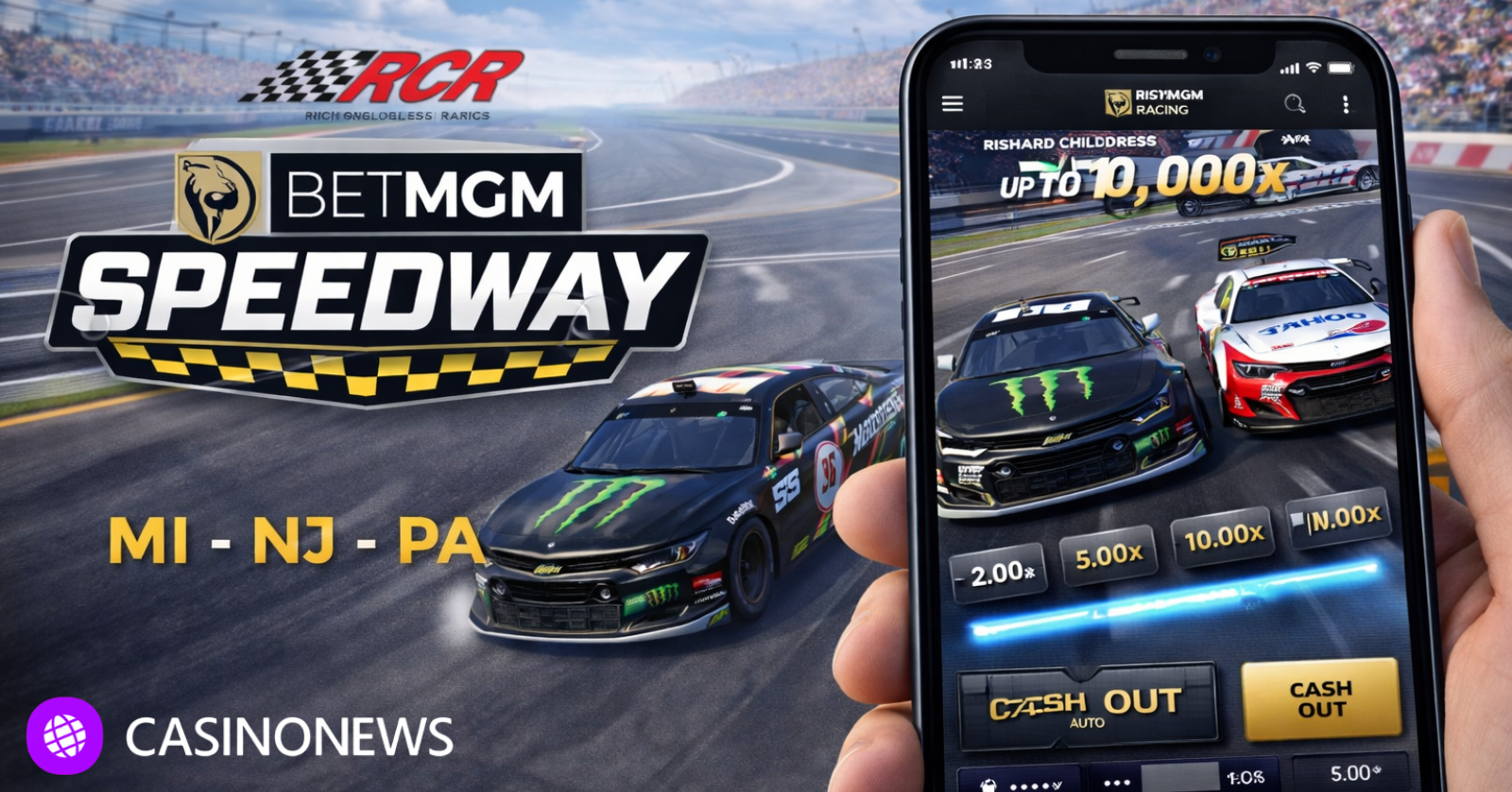 BetMGM Speedway racing game on smartphone with cars on track