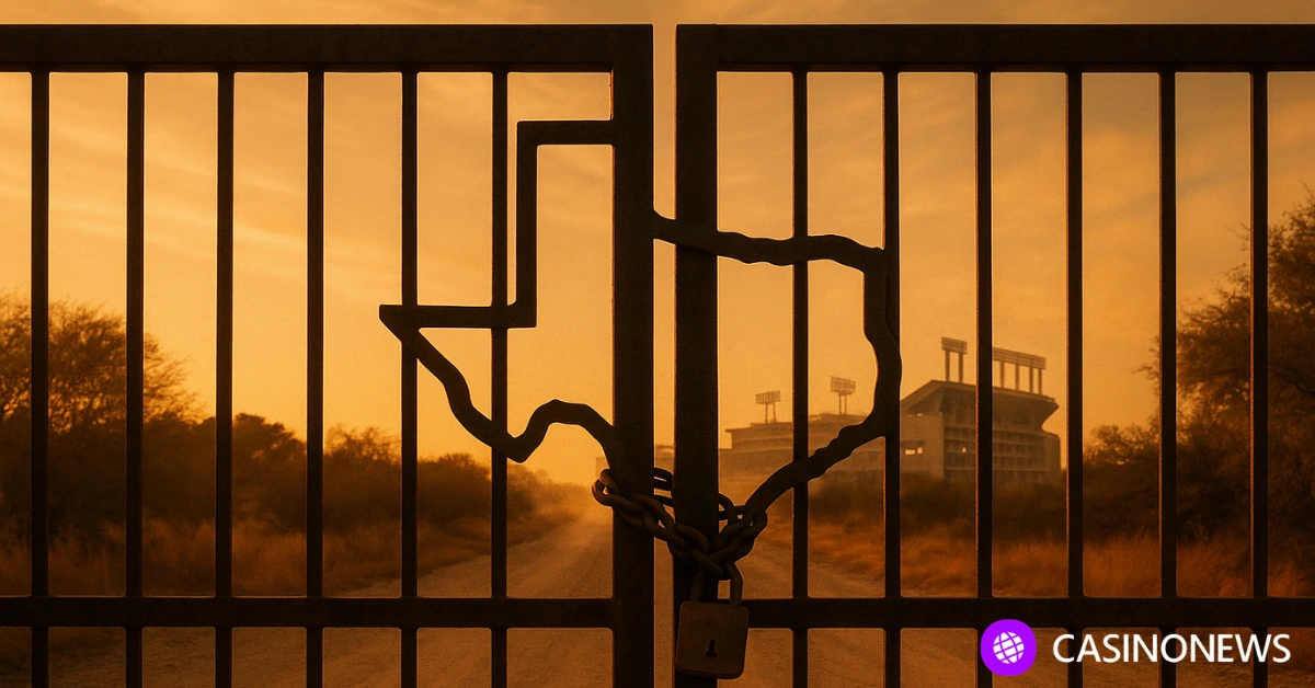 Locked iron gate with a Texas-shaped cutout blocking a dusty road leading toward a distant sports stadium at sunset, symbolizing stalled sports betting.