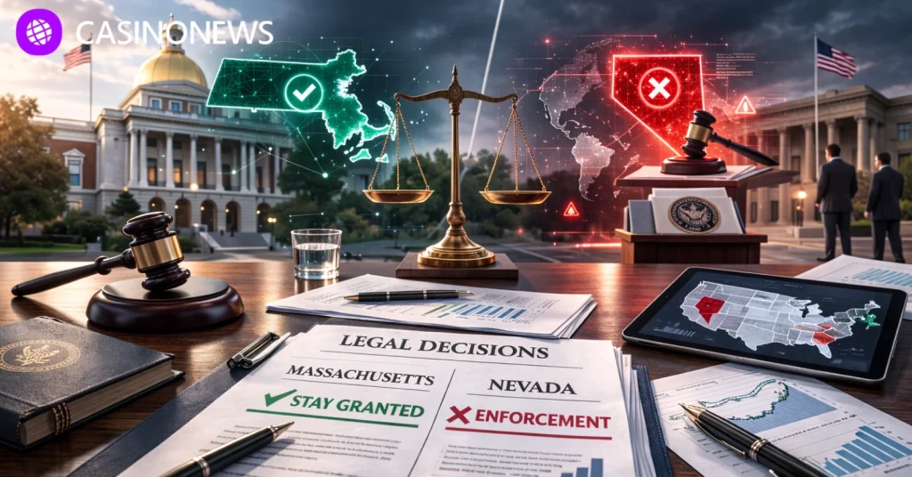 Editorial courtroom scene representing Kalshi’s legal split between Massachusetts stay and Nevada enforcement action