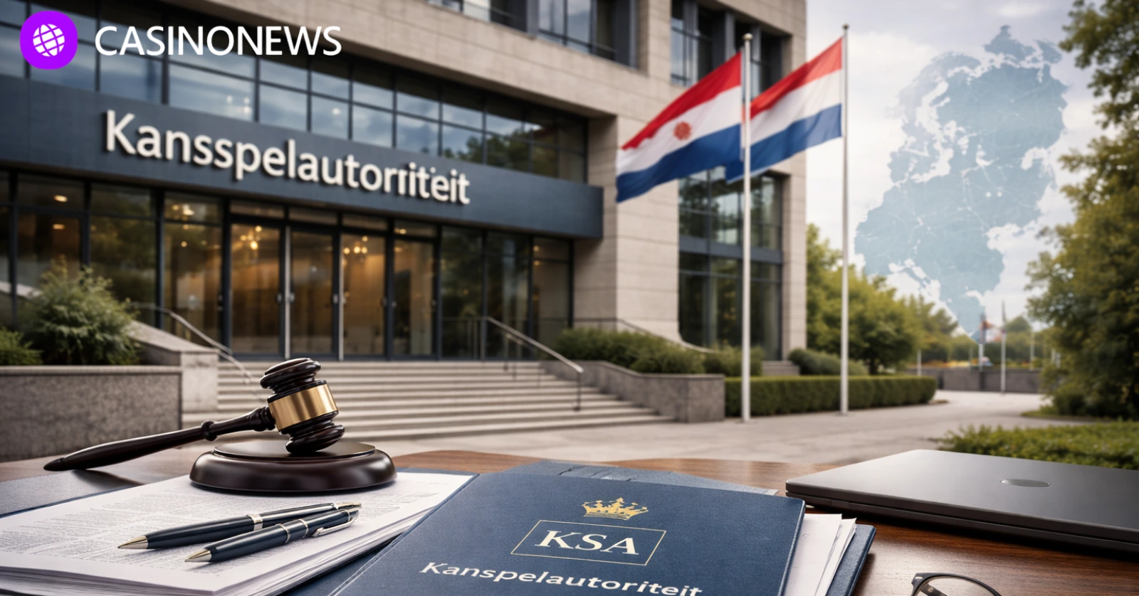 Exterior of the Kansspelautoriteit office in the Netherlands with official documents and gavel in foreground
