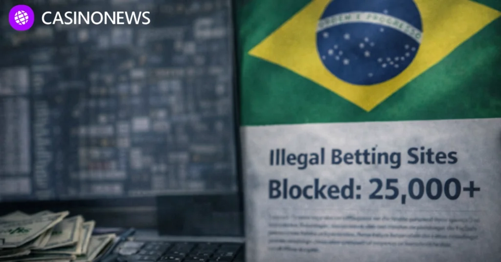Brazil flag behind a notice reading “Illegal Betting Sites Blocked: 25,000+” on a desk with banknotes and a keyboard.